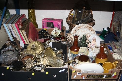 THREE BOXES AND LOOSE BRASSWARES, ceramics (wade), glass, books, basket, barometer, binoculars, etc