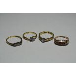 FOUR GEMSET RINGS, to include three diamond rings, with another stamped form 18ct and 9ct gold