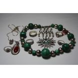A COLLECTION OF JEWELLERY, to include a large malacite and white metal necklace, together with