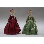 TWO ROYAL WORCESTER 'GRANDMOTHER'S DRESS' FIGURES, No.3081, one green and gold highlights and the