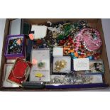 A TRAY OF MISCELLANEOUS, to include jewellery, rings, necklaces, silver christening bracelet, etc