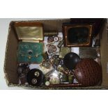 A SMALL BOX OF MISCELLANEOUS, to include locket, buttons, vestas, 18ct gold studs, The Staveley Coal
