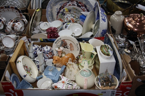 TWO BOXES OF CERAMICS AND GLASS, to include blue and white meat platters, pot lid, Susie Cooper