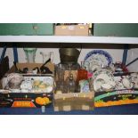 FIVE BOXES AND LOOSE CERAMICS, GLASS, METALWARE ETC, to include silver collared scent bottles (no