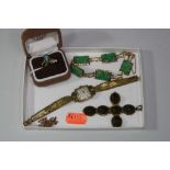 A COLLECTION OF JEWELLERY, to include a ring, bracelet, Victorian scarab cross pendant and watch,