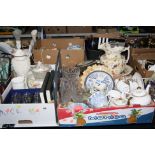 THREE BOXES AND LOOSE CERAMICS, GLASS, CLOCK, SPECTACLES, JUG/BOWL, etc