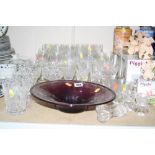 VARIOUS CUT GLASSWARE, etc and a purple glass bowl