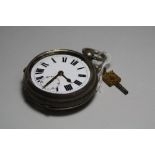 A SILVER POCKET WATCH, with key (sd)