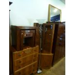 A MODERN NEST OF TWO TABLES, gilt framed bevelled mirror and a chrome uplighter standard lamp (3)