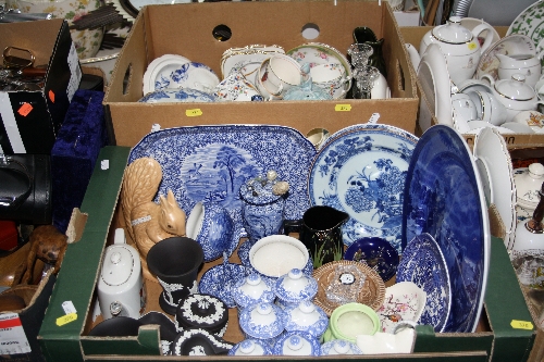 TWO BOXES OF CERAMICS AMD GLASS, to include Wedgwood black jasperware, Spode spice jars, blue and