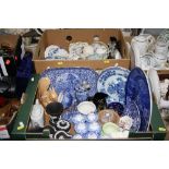 TWO BOXES OF CERAMICS AMD GLASS, to include Wedgwood black jasperware, Spode spice jars, blue and