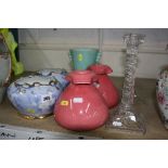 VARIOUS BOWLS, VASES AND CANDLESTICKS, (7)