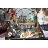 TWO BOXES OF METALWARE, BEER PUMPS, GLASS, etc, to include silver rimmed/topped etc