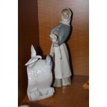 A LLADRO FIGURE, girl holding Lamb and 'Lladro Society' namestand (2)