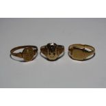 THREE GENTLEMANS SIGNET RINGS, one 9ct, one 10ct and one unmarked, total approximate weight 9.6