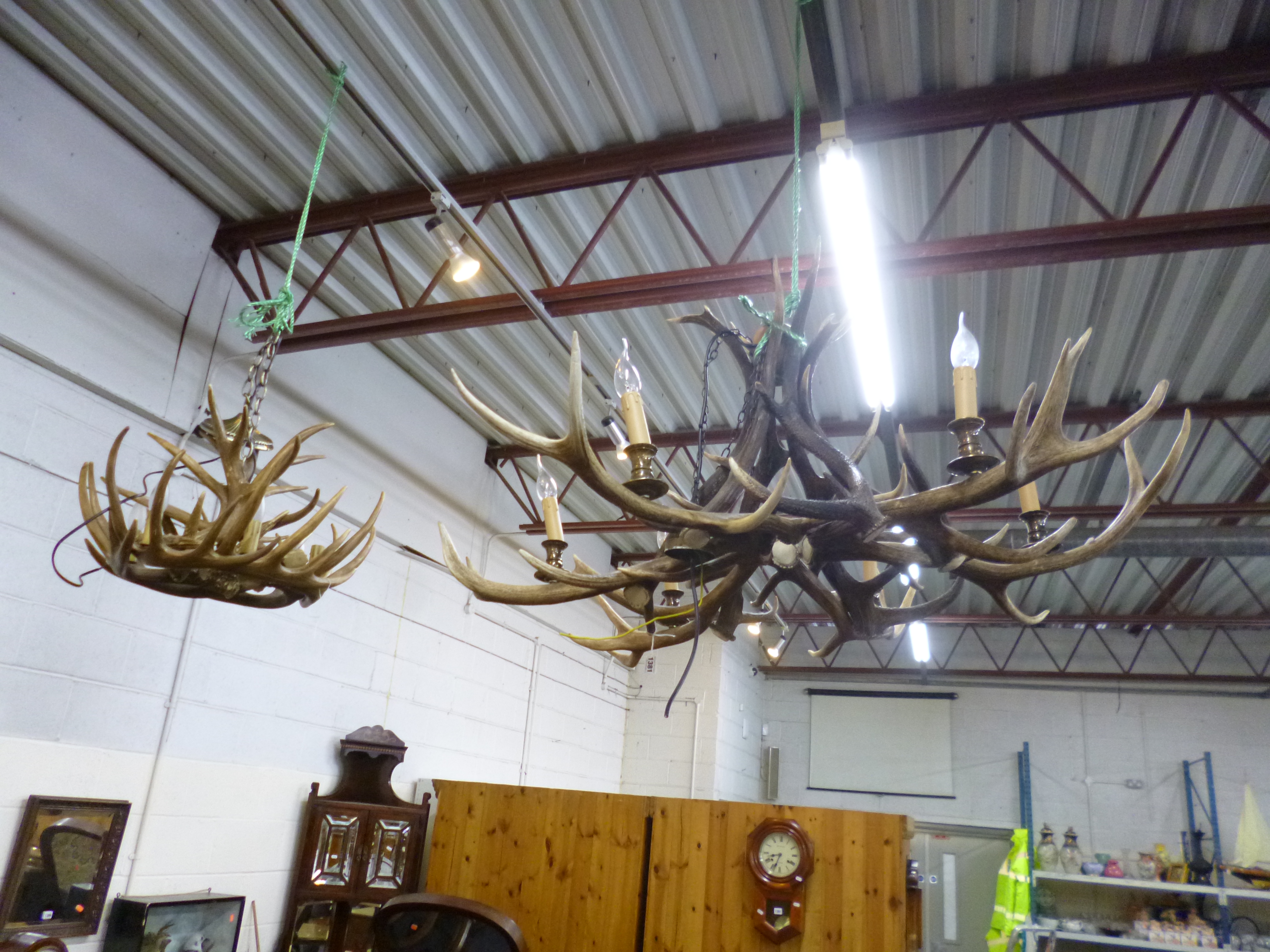 A LARGE ANTLER SIX BRANCH CHANDELIER, approximately width 140cm and a smaller faux Antler six branch