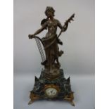 A FIGURAL MANTEL CLOCK, with spelter maiden with harp with plaque, 'La Melodie par Aug Moreau' on