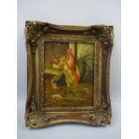 A GILT FRAMED OIL ON CANVAS, depicting chickens, signed E Hurst bottom right, approximately 24.5cm x