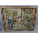 A FRAMED WATERCOLOUR, depicting men at work in garage, signed bottom left Ch Wollaston or