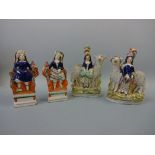 TWO PAIRS OF 19TH CENTURY STAFFORDSHIRE FLATBACK FIGURE GROUPS, seated highland couple with birds,