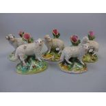 FIVE 19TH CENTURY STAFFORDSHIRE SPILL VASES, modelled as three Rams and two ewes, Rams approximately