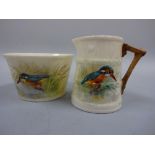 A MATCHING ROYAL WORCESTER BARREL MOULDED JUG AND BOWL, hand painted with Kingfisher in reeds,