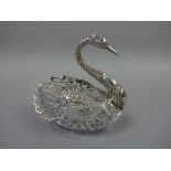 A SILVER MOUNTED CUT GLASS OPEN 'SWAN' SALT, with pierced wings with cherub mounts, stamped 925,