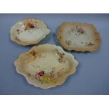 THREE ROYAL WORCESTER BLUSH IVORY FLORAL SPRAY DECORATED PLATES, shaped square example with