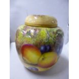 A ROYAL WORCESTER HAND PAINTED FRUIT DECORATED GINGER JAR AND COVER, with apples, pears,