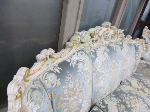 AN ITALIAN STYLE THREE PIECE SUITE, with ornate white and gilt frame, comprising of a three seater - Image 2 of 4