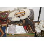 A BOX AND LOOSE SUNDRY ITEMS, clothes, silver photo frame (a/f), photograph album and loose photos