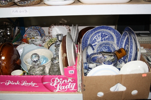 THREE BOXES AND LOOSE GLASS AND CERAMICS, to include decanters, blue and white, ordnance survey maps