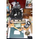 VARIOUS SCIENTIFIC INSTRUMENTS, etc, to include three compasses, microscope, 'Fearns-Mear Weight