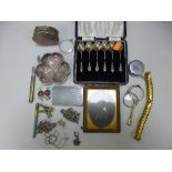 A BOX OF MISCELLANEOUS ITEMS, to include spoons, belt buckle, trinket box, jewellery, etc