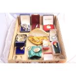 A BOX OF MISCELLANEOUS ITEMS, to include brooches, pearl and amethyst necklace, watch, etc