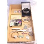 A BOX OF MISCELLANEOUS ITEMS, to include mother of pearl pen knives, brooches, some silver