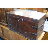 A MAHOGANY METAL BOUND CHEST, approximate size width 76cm x depth 45cm x height 46cm, (sd) (key)