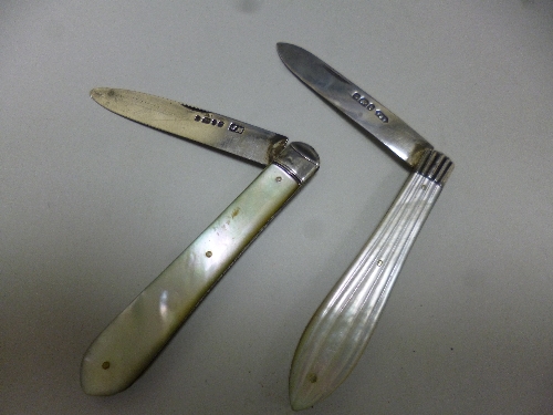 TWO SILVER FRUIT KNIVES, with mother of pearl handles, hallmarks for London