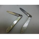 TWO SILVER FRUIT KNIVES, with mother of pearl handles, hallmarks for London