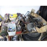 FOUR BOXES AND LOOSE VINTAGE CAR PARTS, jacks etc including shafts, brake shoes, badges