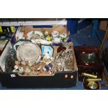 TWO BOXES AND LOOSE ORNAMENTS, to include wall clock (key), mirror, novelty tablewares etc