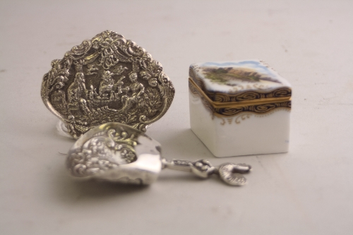 A SILVER MENU HOLDER, with repousse decoration depicting tavern scene, London 1901, approximately