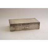 A SILVER RECTANGULAR CIGARETTE BOX, with engine turned decoration, monogrammed EFH, Birmingham 1946,