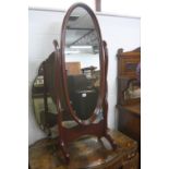 A MAHOGANY FRAMED CHEVAL MIRROR, and two table lamps with shades (3)