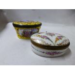 TWO 19TH CENTURY ENAMELLED OVAL TRINKET BOXES, the first with hand painted floral decoration with