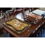 A MAHOGANY INLAID TRAY, another tray, small suitcase and a Masonic style case (sd) (4)