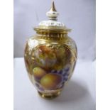 A ROYAL WORCESTER POT POURRI OVOID VASE AND COVER, hand painted with peaches, blackberries, apples