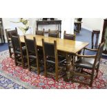 AN OAK REFECTORY STYLE DINING TABLE, approximate size length 213cm x width 84cm x height 76cm and
