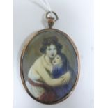 A MINIATURE PORTRAIT, of mother and child within a rose-gold coloured frame with monogram to the