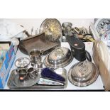 VARIOUS METALWARES, CASED BINOCULARS, CUTLERY, etc, to include entree dishes etc